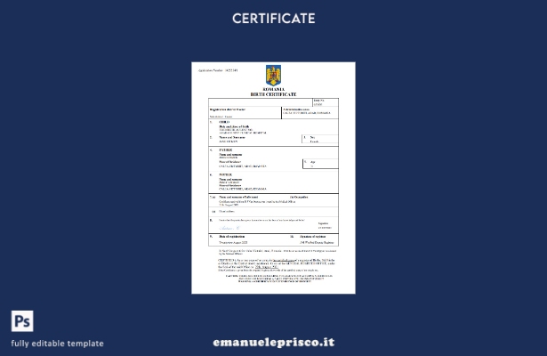 certificato di nascita rumeno in stile verificato modello Word e PDF